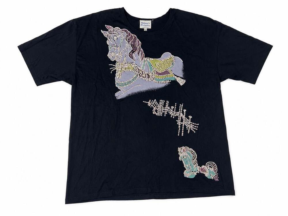 Viviana's Exclusives Vintage Black Carousel Horse Rhinestone Embellished T-Shirt